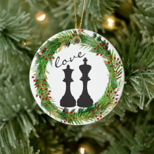 Gepersonaliseerde Chess Black King, Queen Couple L Keramisch Ornament