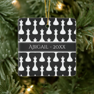 Gepersonaliseerde Chess Queen Black, witte kerst Keramisch Ornament