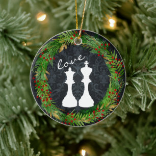 Gepersonaliseerde Chess White King, Queen Couple L Keramisch Ornament
