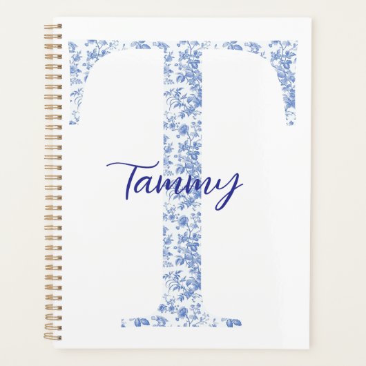 Gepersonaliseerde Chic Blue Toile Monogram Notitie Planner (Voorkant)