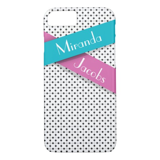 Gepersonaliseerde Chic Zwart Wit Blauw Roze Linten Case-Mate iPhone Case (Achterkant)