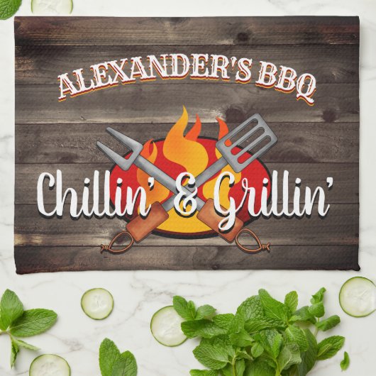 Gepersonaliseerde Chillin' en Grillin' BBQ Theedoek (Gevouwen)