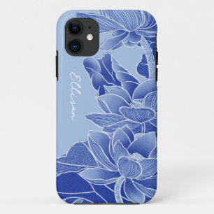 Gepersonaliseerde Chinoiserie Chic Blue Lotus Mand iPhone 11 Hoesje