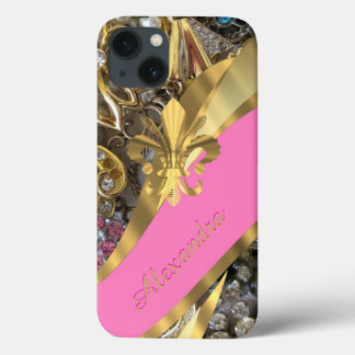 Gepersonaliseerde chique elegante gouden en roze b iPhone 13 hoesje