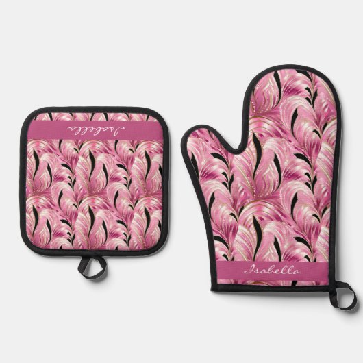 Gepersonaliseerde chique luxe roze glam patroon ovenwant & pannenlap set (Voorkant)