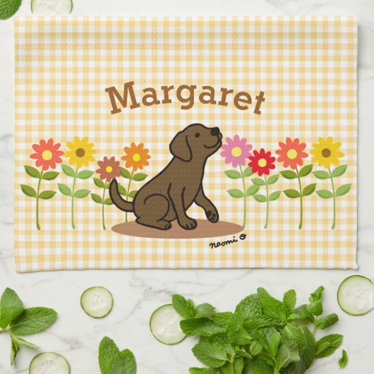 Gepersonaliseerde Chocolate Labrador en vele bloem Theedoek (Gevouwen)