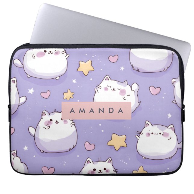 Gepersonaliseerde Chubby Cat & Pastel Star Pattern Laptop Sleeve (Voorkant)