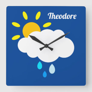 Gepersonaliseerde cloud, regen en zonneschijn vierkante klok