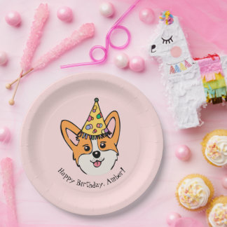 Gepersonaliseerde Corgi Theme Girl's Birthday Papieren Bordje