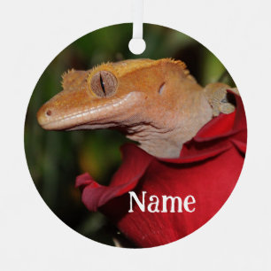 Gepersonaliseerde Crested Gecko Lizard op een Roos Metalen Ornament