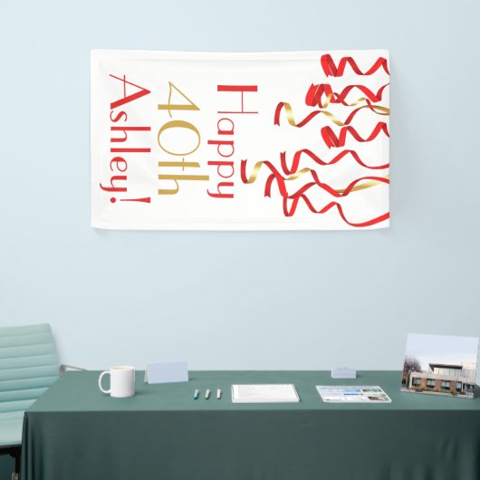 Gepersonaliseerde Curly Ribbons Verjaardagsbanner Spandoek (Beurs)