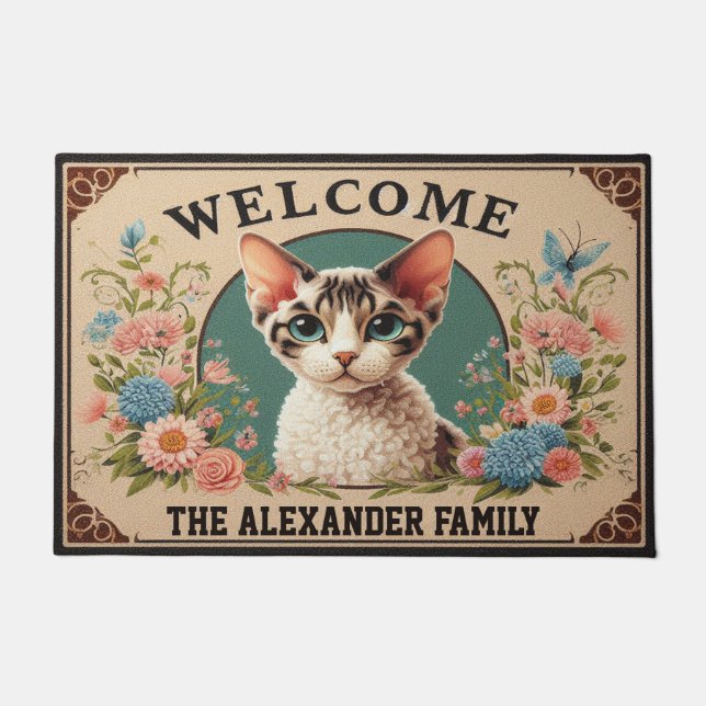 Gepersonaliseerde Devon Rex Cat Stijlvolle Bloemen Deurmat (Voorkant)