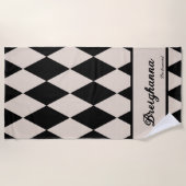 Gepersonaliseerde Diamant Geruit Zwart + Beige Strandlaken (Voorkant)