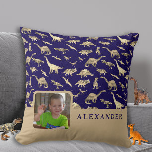 Gepersonaliseerde Dinosaurus Fotonaam Blauw Kussen