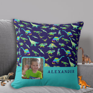 Gepersonaliseerde Dinosaurus Fotonaam Blauw Kussen
