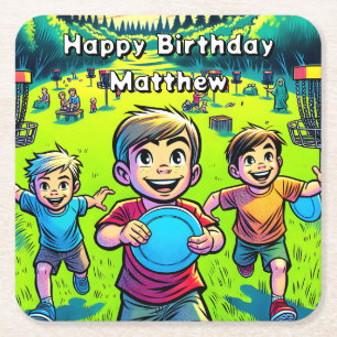 Gepersonaliseerde Disc Golf Boy's verjaardag Vierkante Kartonnen Onderzetter