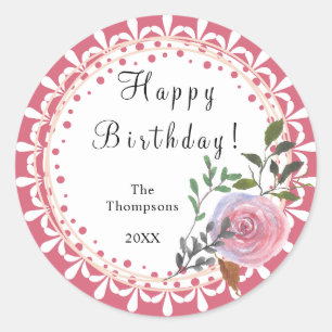 Gepersonaliseerde Donkerroze & Witte Bloemen Ronde Sticker