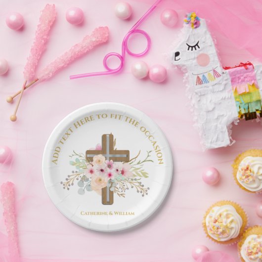 Gepersonaliseerde doop & doop Bloemenkruis Papieren Bordje (Feest)
