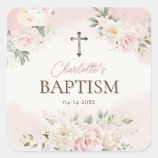 Gepersonaliseerde doop roze rozen vierkante sticker