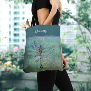 Gepersonaliseerde  Dragonfly met bloemen Tas B