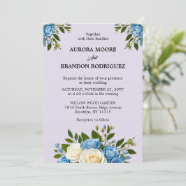 Gepersonaliseerde Dusty Blue en Ivory Floral Weddi Kaart