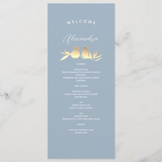 Gepersonaliseerde Dusty Blue Wedding Menu (Voorkant)