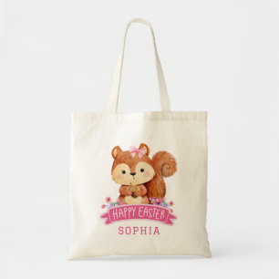 Gepersonaliseerde eekhoorn Happy Easter Pink Tote Bag