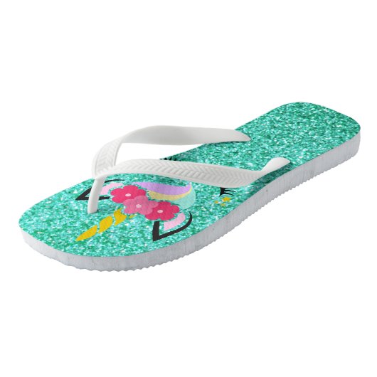 Gepersonaliseerde Eenhoorn Blauwgroen Glitter Flip Teenslippers (Schuin)