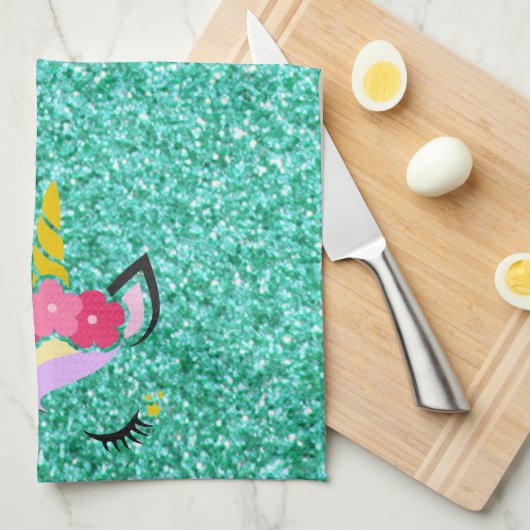Gepersonaliseerde eenhoorn Blauwgroen glitter keuk Theedoek (Quarter Fold)