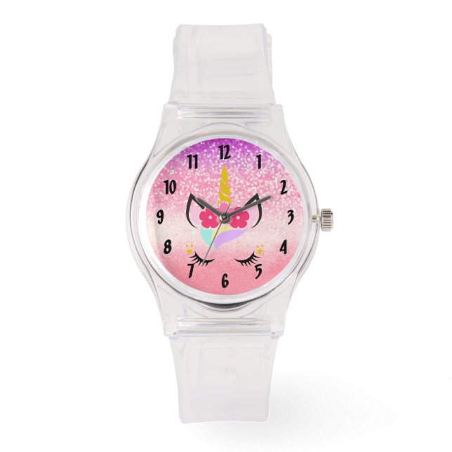 Gepersonaliseerde eenhoorn ombre glitter polshorlo horloge (Voorkant)