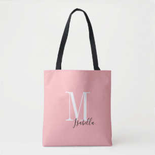 Gepersonaliseerde eenvoudige naam en monogram roze draagtas