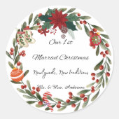 Gepersonaliseerde eerste getrouwde kerst ornament ronde sticker (Voorkant)