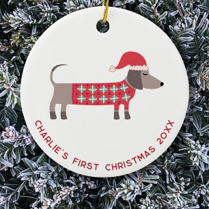 Gepersonaliseerde eerste kerst teckel hond keramisch ornament