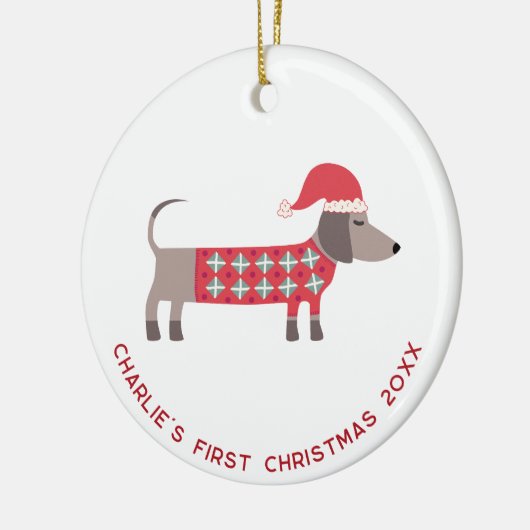 Gepersonaliseerde eerste kerst teckel hond keramisch ornament (Links)