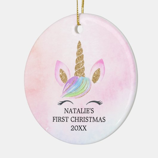 Gepersonaliseerde Eerste Kerstmeisje Eenhoorn Glit Keramisch Ornament (Links)