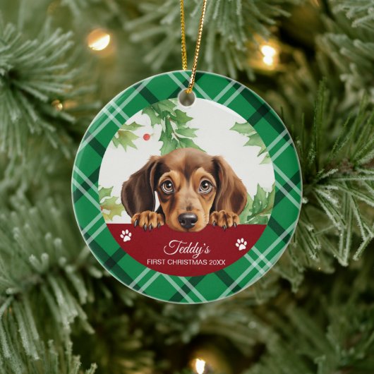 Gepersonaliseerde Eerste Kerstmis van de Dachshund Keramisch Ornament (Boom)