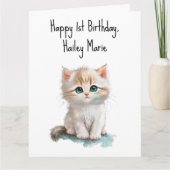 Gepersonaliseerde eerste verjaardag kitten met bla kaart (Voorkant)