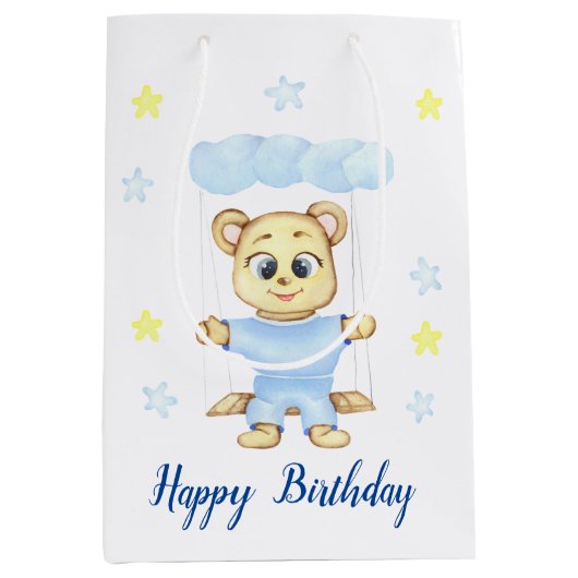 Gepersonaliseerde eerste verjaardag Teddy Bear Boy Medium Cadeauzakje (Voorkant)
