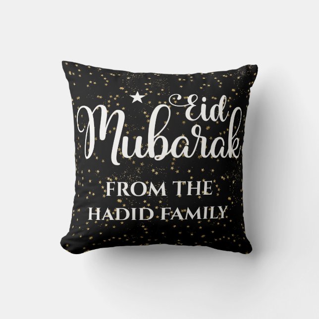 Gepersonaliseerde Eid Mubarak Modern Black Eid Kussen (Voorkant)