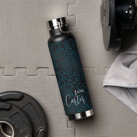 Gepersonaliseerde Elegant Green Black Leopard Waterfles (Gym)