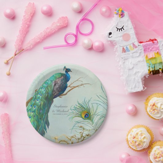 Gepersonaliseerde Elegant Peacock op Tree Branch A Papieren Bordje (Feest)