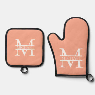 Gepersonaliseerde Elegant Perzik Monogram en Naam Ovenwant & Pannenlap Set