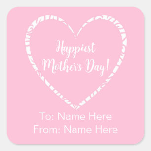 Gepersonaliseerde Elegant Roze Wit Hart Moederdag Vierkante Sticker