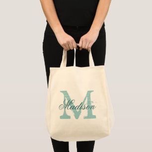 Gepersonaliseerde elegante blauwgroen monogram sup tote bag