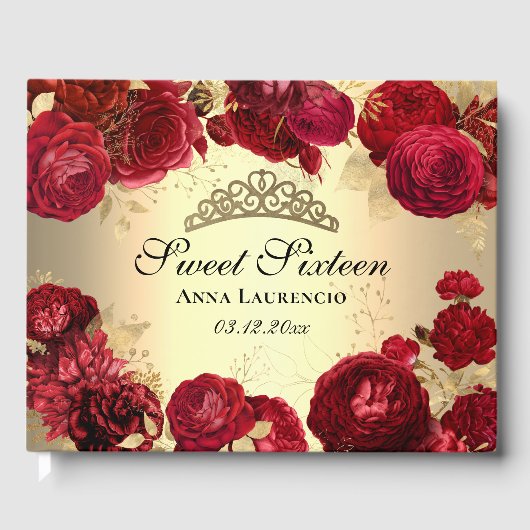 Gepersonaliseerde Elegante Bloemen Rood Goud Sweet Gastenboek (Voorkant)