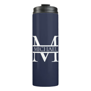 Gepersonaliseerde Elegante Marine Blauw Monogram e Thermosbeker