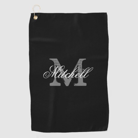 Gepersonaliseerde elegante monogram zwarte golfhan golfhanddoek (Voorkant)