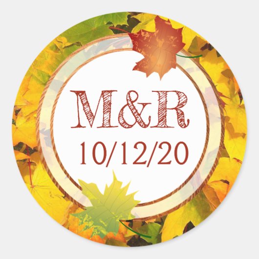 Gepersonaliseerde 'Fall Leaves Monogram Wedding St Ronde Sticker (Voorkant)