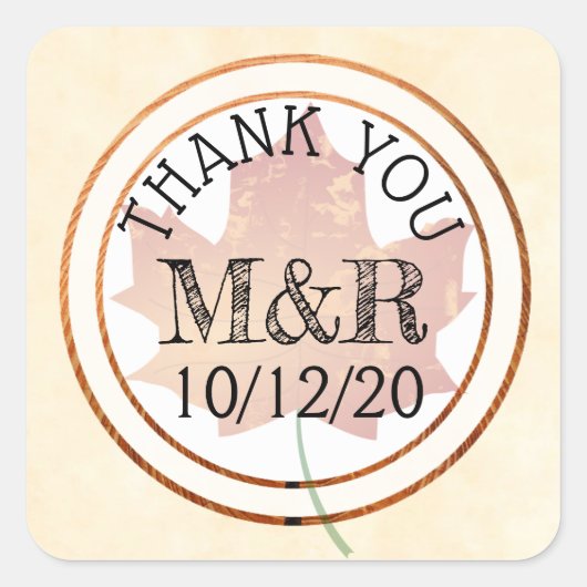 Gepersonaliseerde 'Fall Leaves Monogram Wedding St Vierkante Sticker (Voorkant)