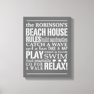 Gepersonaliseerde familie Beach House regels grijs Canvas Afdruk